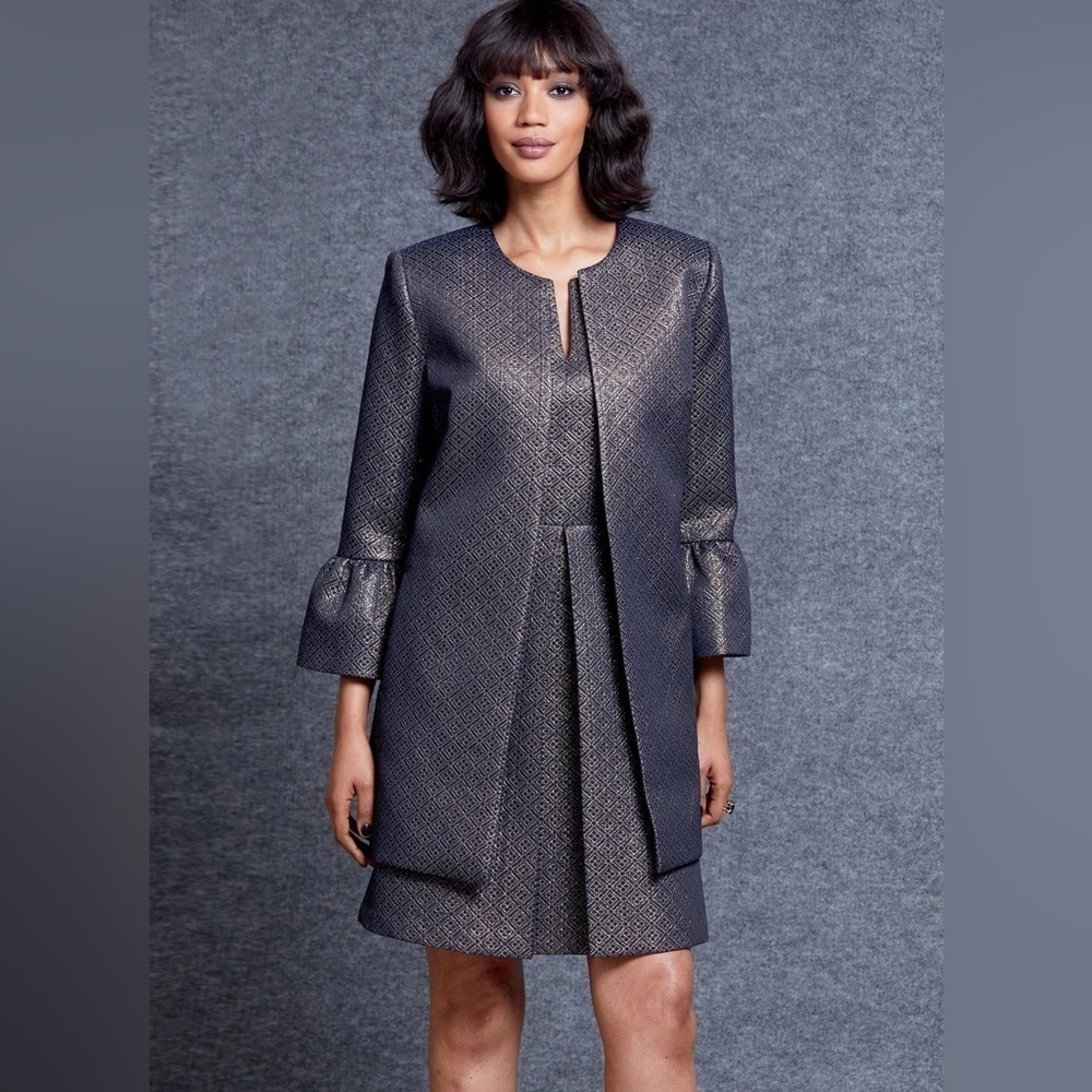 EUC SET ISAAC MIZRAHI IMNYC Metallic Gold Black Dress / Bell Sleeve Coat Size S